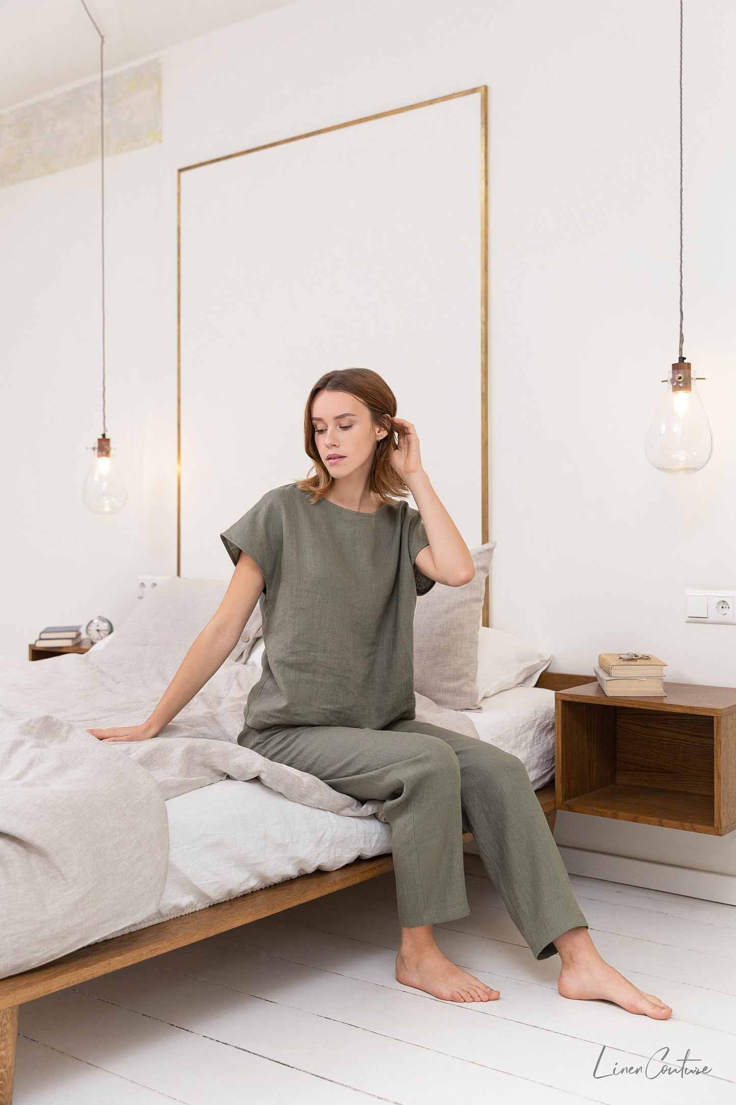 Safari Green 100% European Linen Pajama Set – Naturally Elegant, Effortlessly Relaxed
