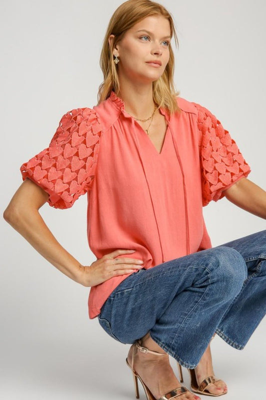 Romantic linen cotton blouse with heart lace sleeves and ruffled collar – slow fashion by High Vibe Clothing Co
